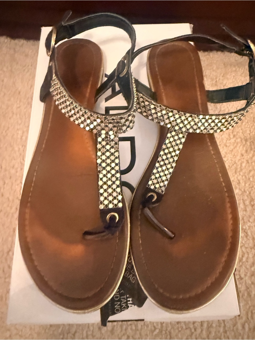 Aldo Black T-Strap Sandals with Rhinestone Accent